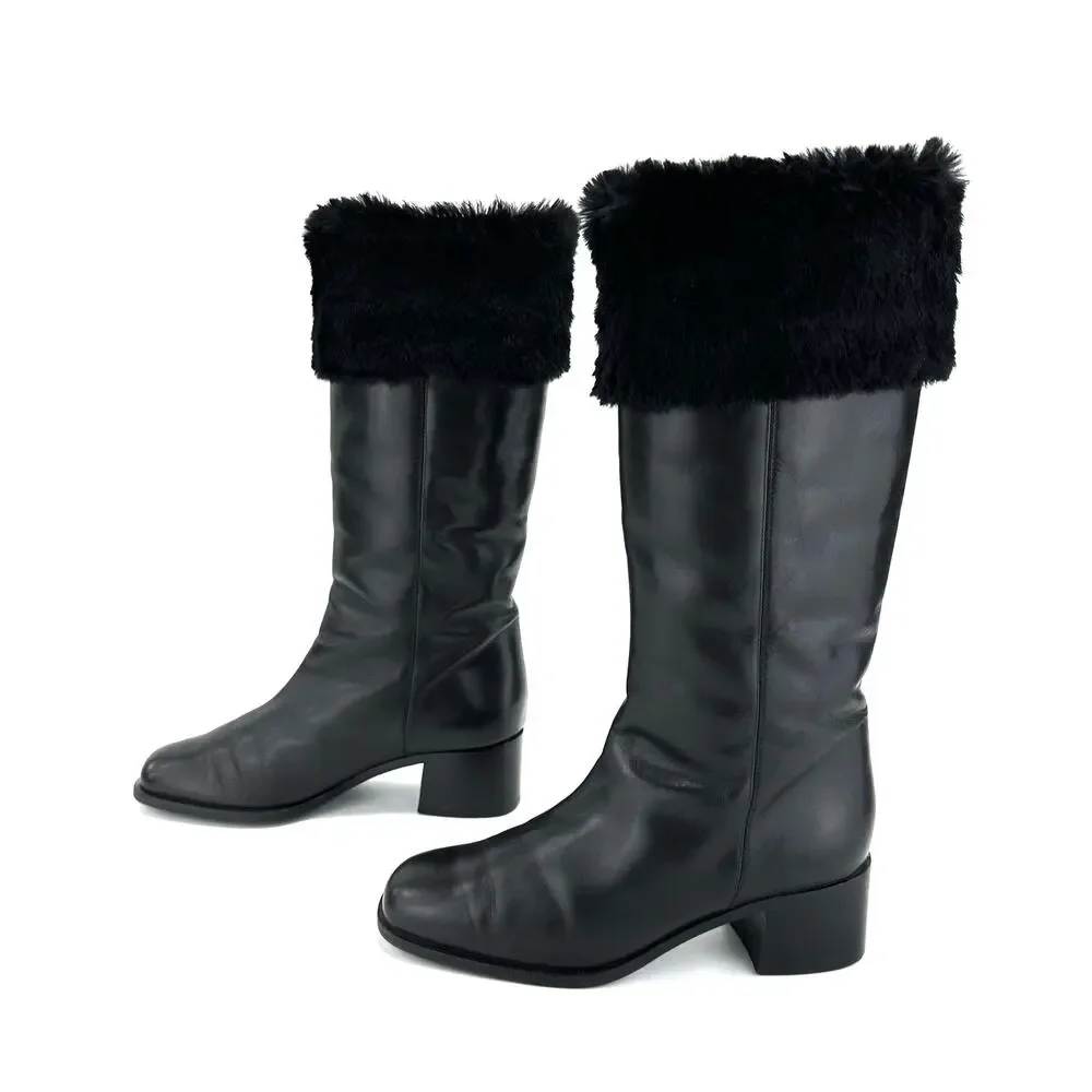 Bally Women Black Winter Knee High Boot Sz 36/5.5 Leather Foldable FurTrim Lined